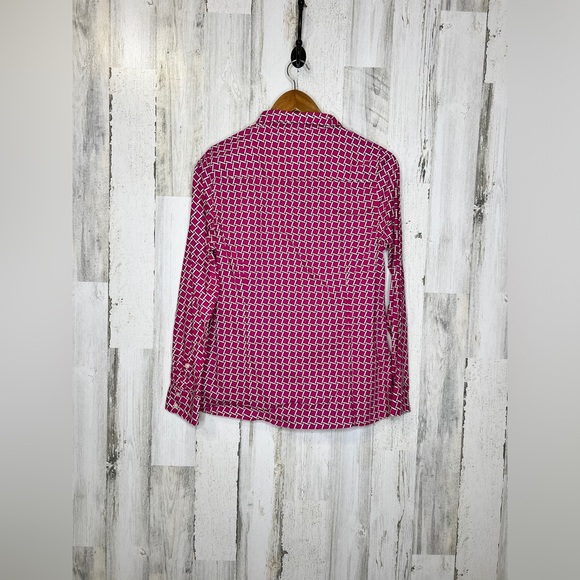 Crown & Ivy Women's Long Sleeve Lattice Print Button Front Top Pink White Size M - Picture 2 of 11